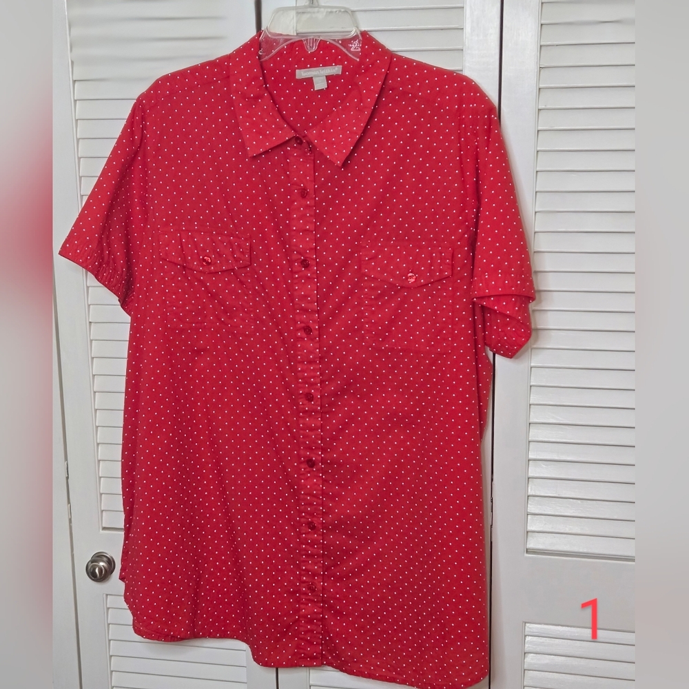 Woman Within Red and White Polka Dot Button Up Short Sleeve Blouse, Size XL 22-2
